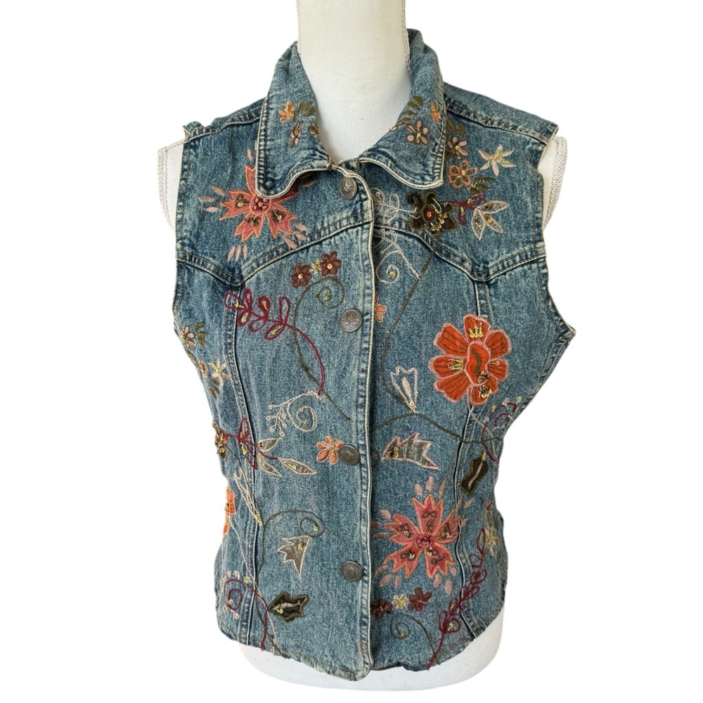 Retro Y2K Flashback Couture Embroidered Denim Vest Floral Design women small